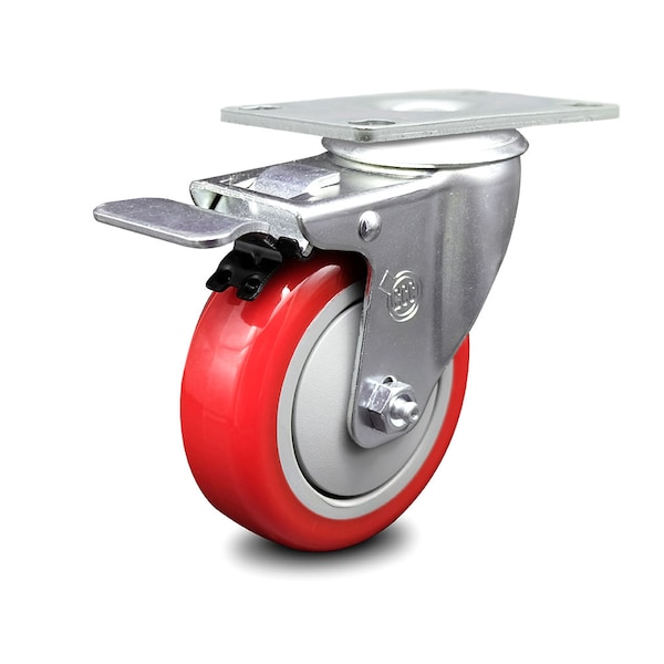 4 Inch Red Polyurethane Wheel Swivel Top Plate Caster with Total Lock Brake